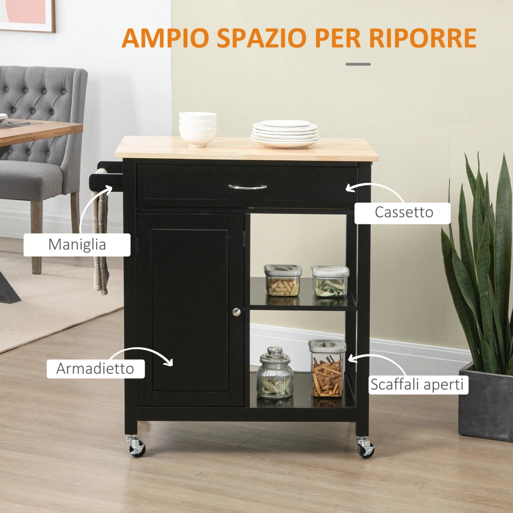 EasyComfort Carrello da Cucina in Legno con Cassetto, Armadietto e Ruote, 83x45x88cm, Nero
