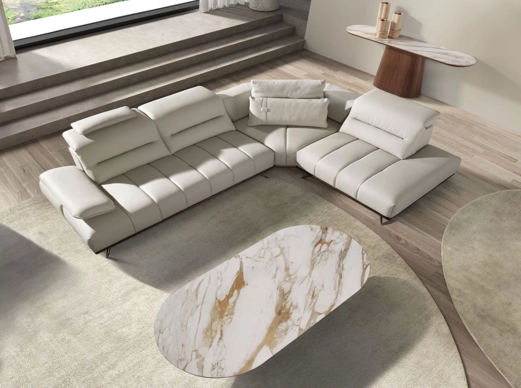Tavolino ovale semicircolare in marmo porcellanato e noce