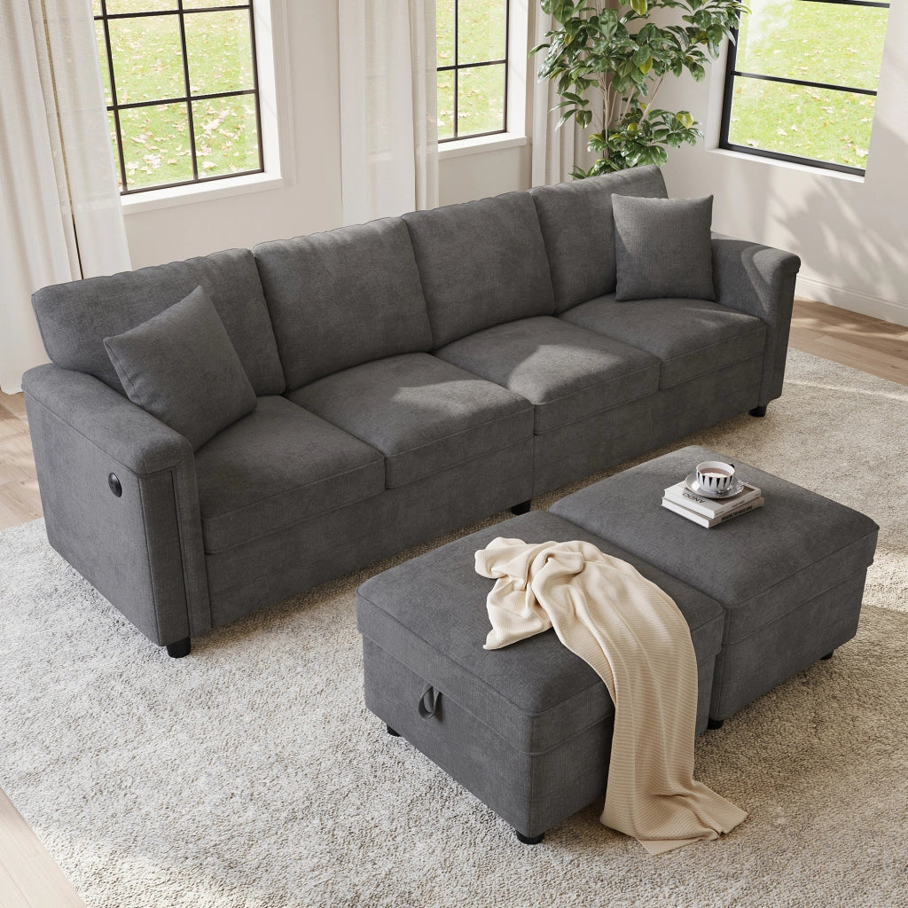 Divano modulare trasformabile a L o U 261x134x82 cm in ciniglia grigio con USB e Type-C