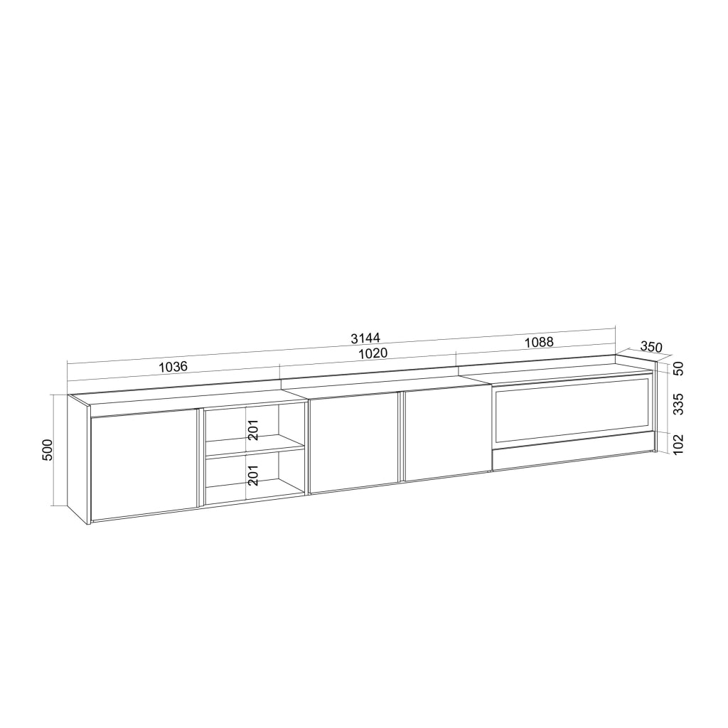 Mobile TV Soggiorno, 315x50x35 cm, Per TV fino a 80", Camino elettrico XXL, LED, Rovere scuro e Nero