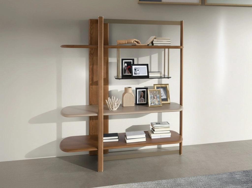 Libreria rettangolare sinistra in noce chiaro e legno color greige