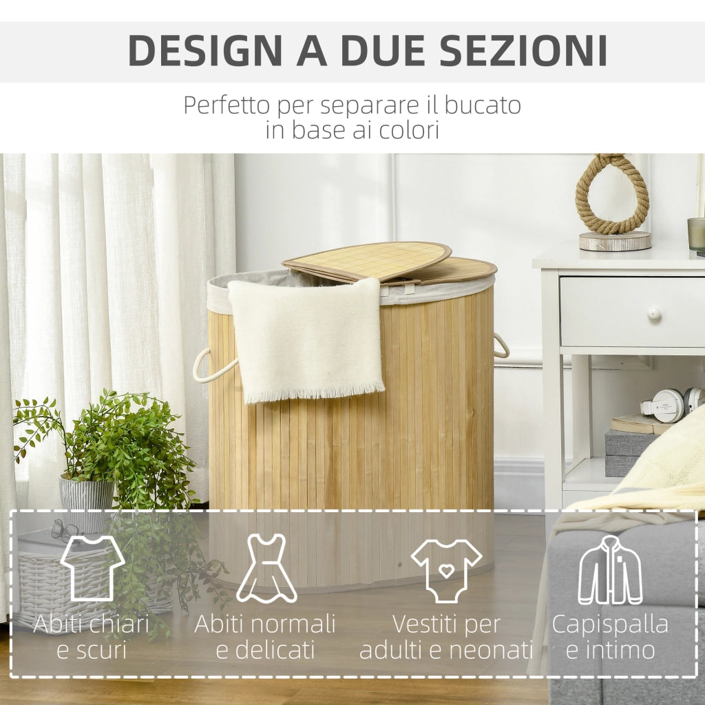 Cesto Portabiancheria a 2 Sezioni, 2 Coperchi e Capacit¨¤ 100L con Sacca Interna Removibile, 62.5x37x60.5 cm