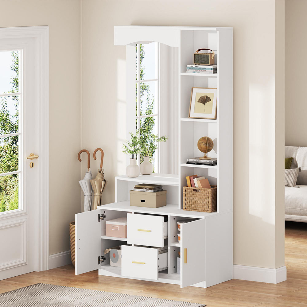 Armadio Ingresso 90x40x180cm - Xylo - con Specchio, 2 Ante e 2 Cassetti, Bianco