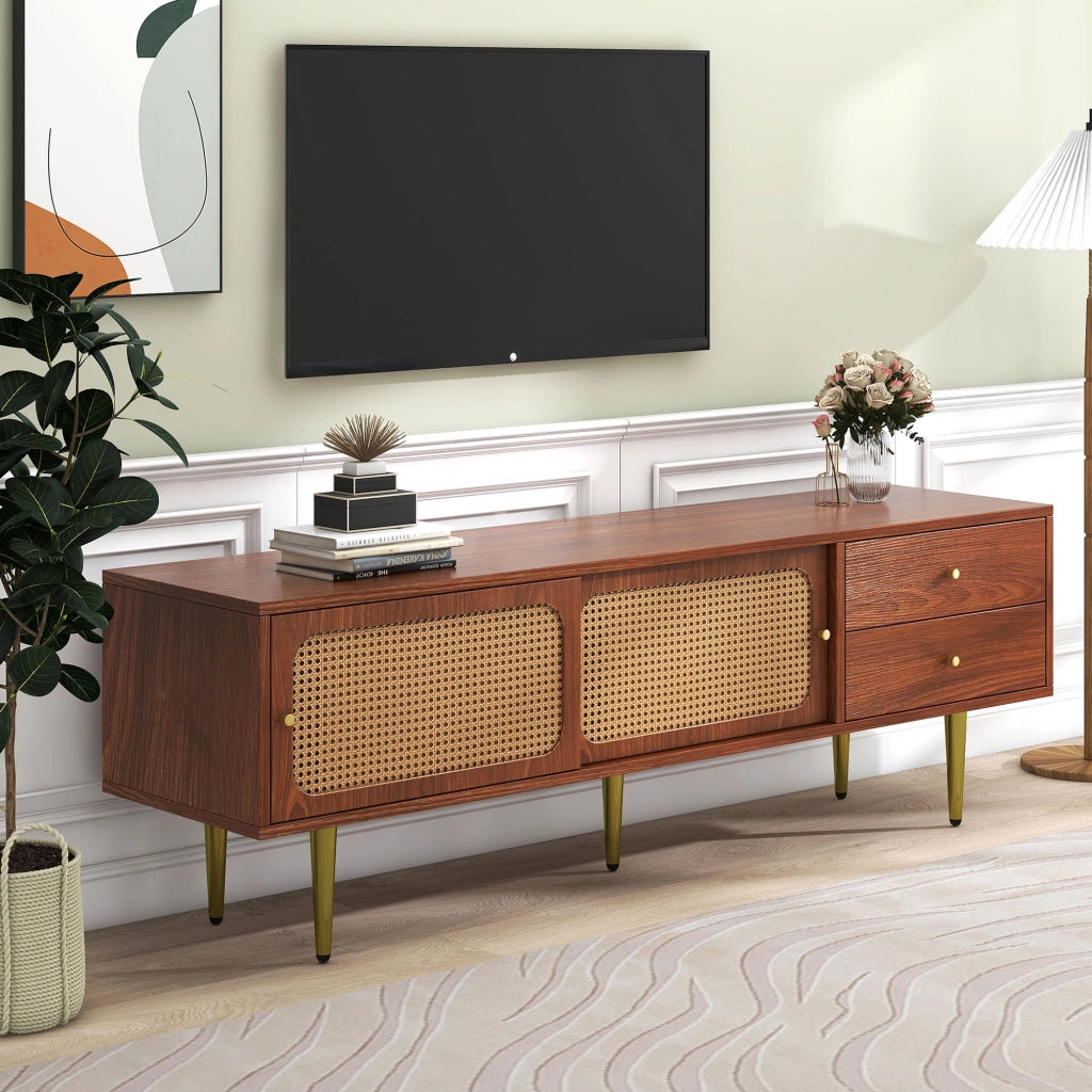 Mobile porta TV con ante scorrevoli in rattan, 2 cassetti, 4 vani e ripiani regolabili, MDF noce 160 × 40 × 60 cm