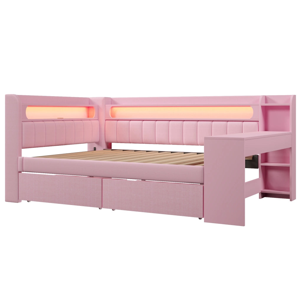 Letto da giorno imbottito rosa 140x200 con LED, USB, scrivania e 2 cassetti