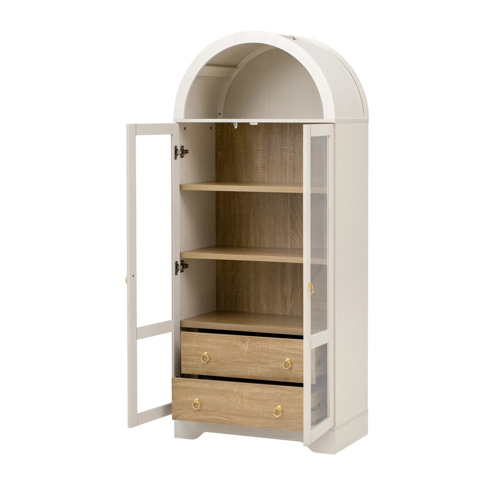 Credenza alta con 2 ante in vetro; 2 cassetti e ripiani regolabili per cucina; in MDF e vetro; 76.2×40.1×180 cm; bianco
