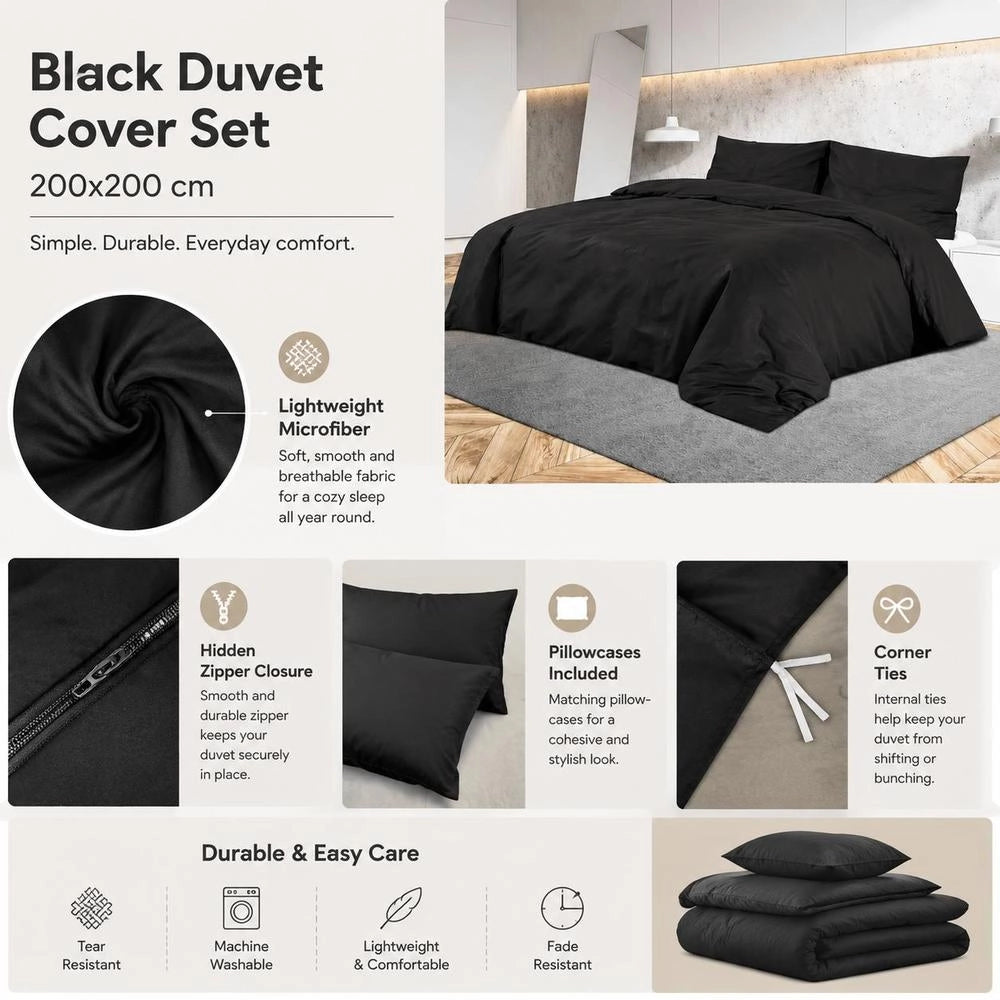Black Bedding Set 200x200 Cm, Lightweight Microfiber