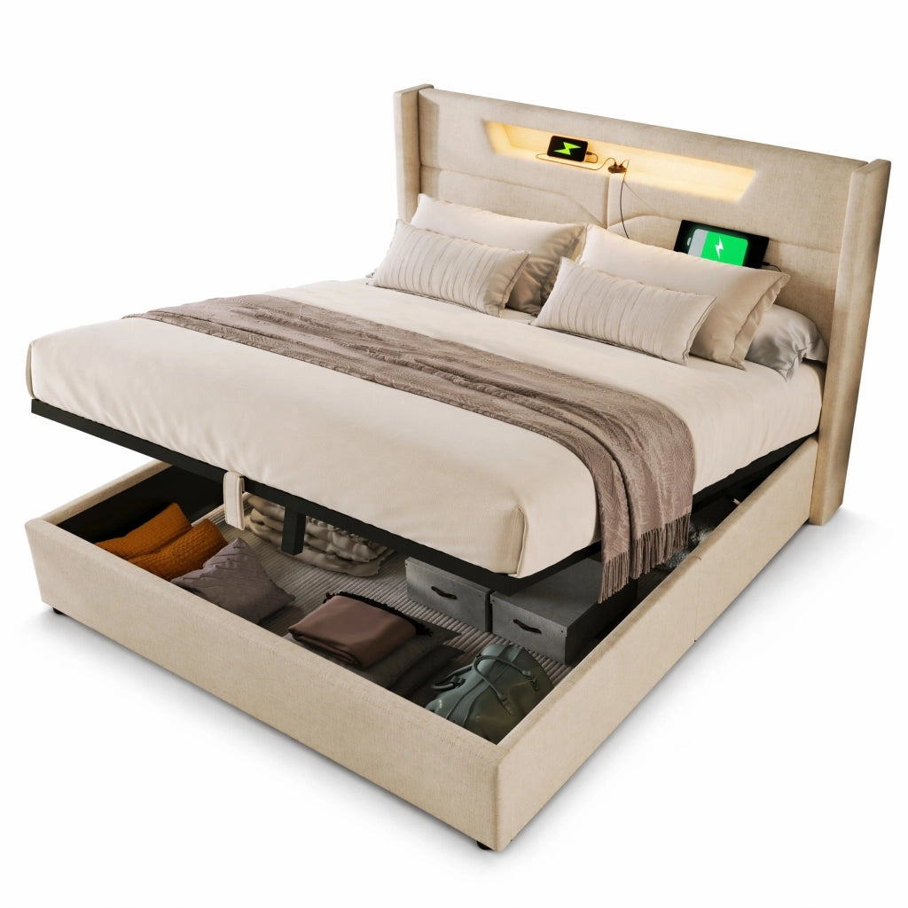 Letto matrimoniale 160x200 cm in lino beige con LED; USB e Type C; contenitore con rete