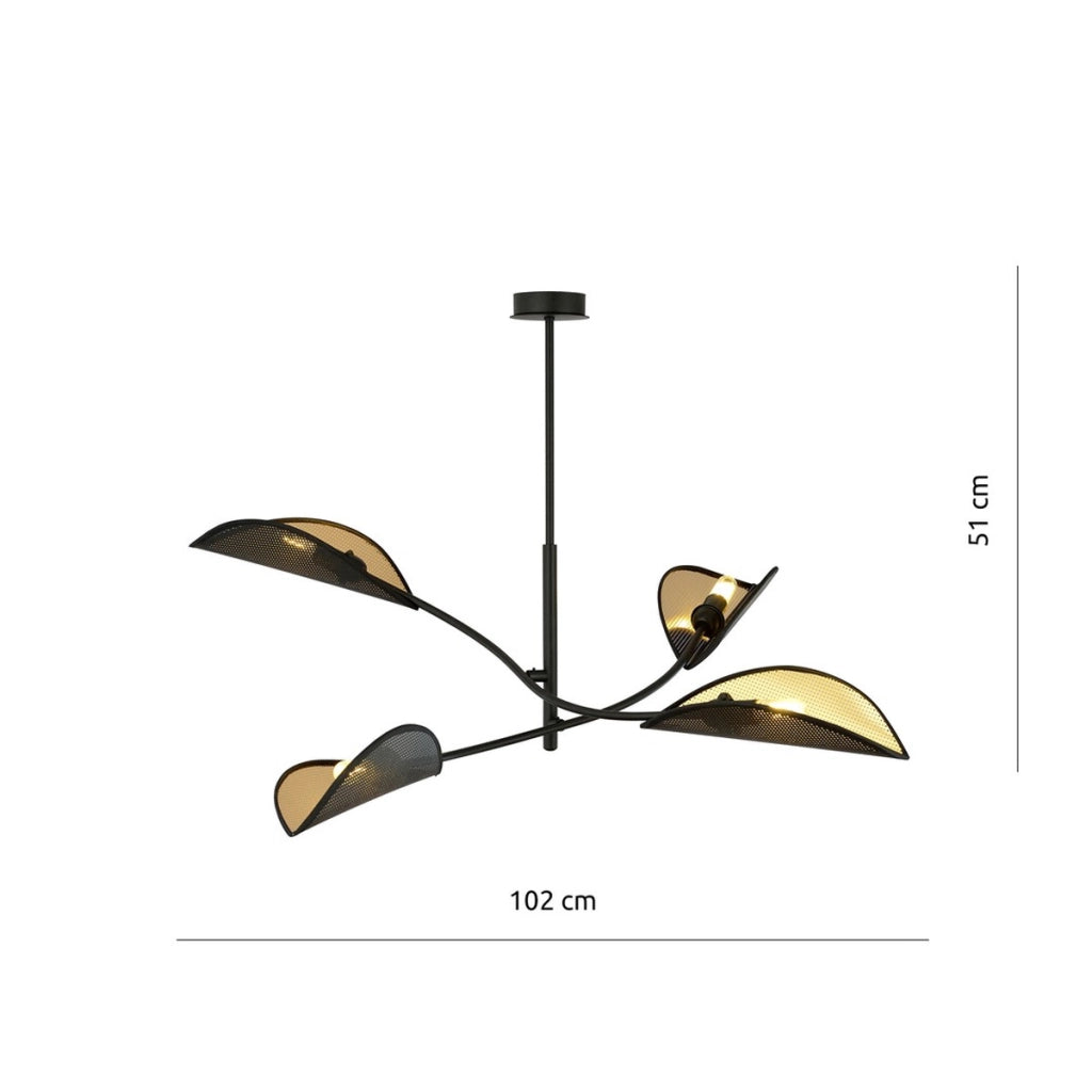 Lampada a sospensione Lotus in acciaio nero e oro