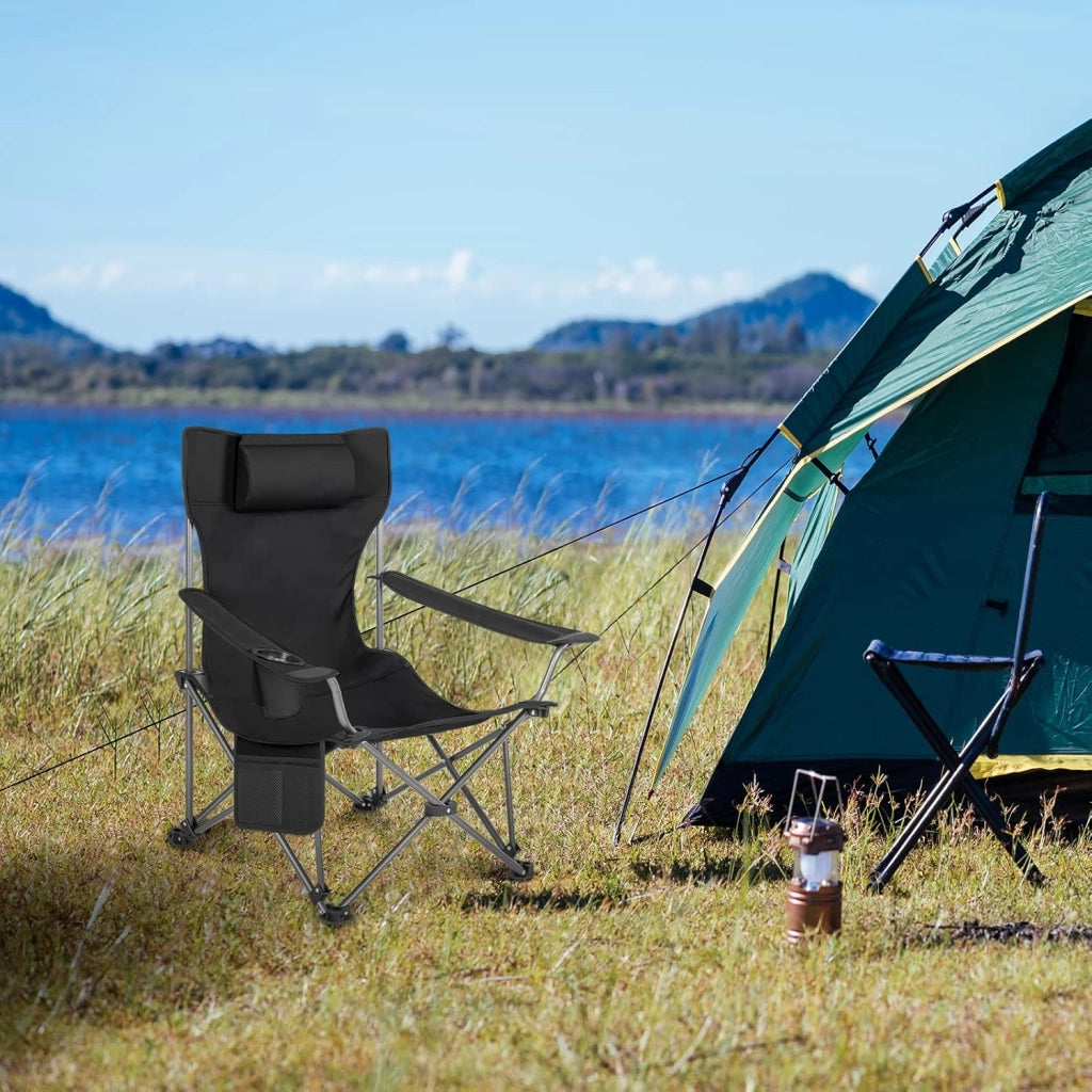 Sedia da Campeggio Portatile Reclinabile, Sedia Pieghevole Esterno con Poggiapiedi, Poggiatesta e Borsa da Trasporto, per Pesca, Giardino, Nero