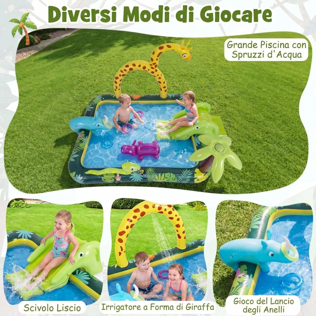 Piscina Gonfiabile Bambini, Parco Giochi Acquatico a Tema Giungla con Scivolo, Irrigatore a Arco, Gioco degli Anelli e 2 Toppe di Riparazione per Bambini 2-6 Anni, 208 x 178 x 138 cm