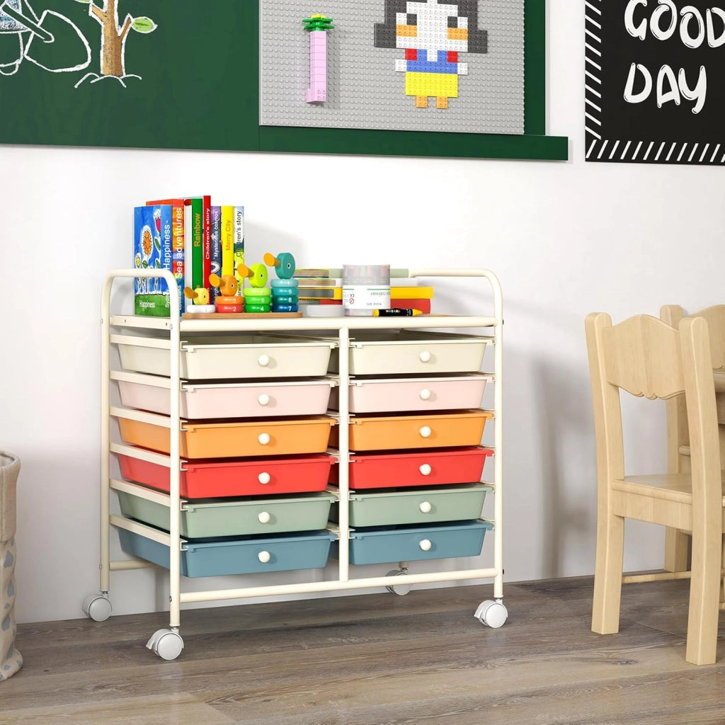 Carrello di Stoccaggio con 12 Cassetti, Carrello portaoggetti con 4 Ruote, Carrello Multiuso per Scuola Ufficio Cucina, 64 x 38 x 62 cm (12 cassetti Macaron)