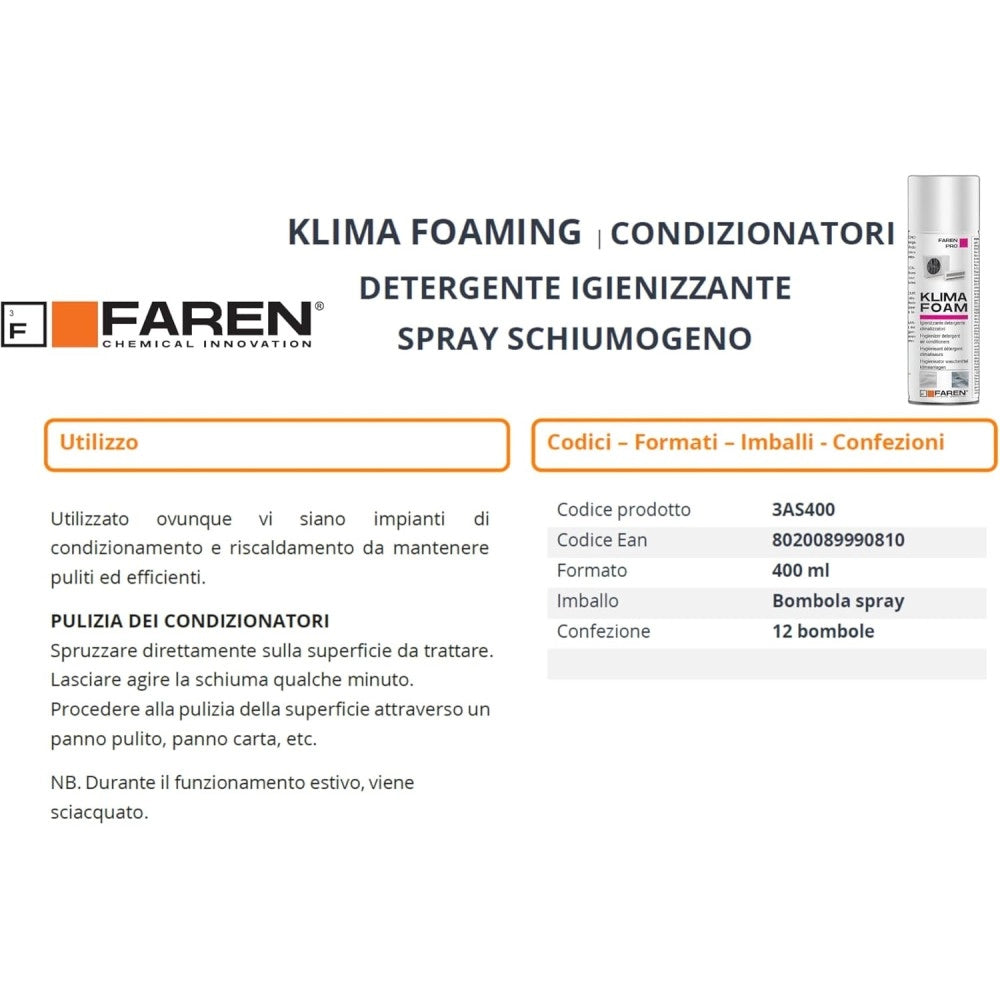 Faren klima foam 400ml pulitore spray schiumogeno igienizzante per climatizzatori