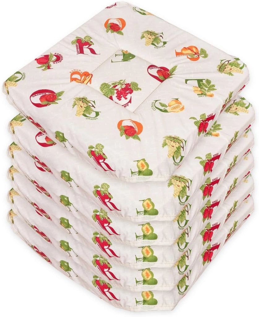 Set 6 Cuscini Sedia Cotone Universali Lettere & Frutta Coprisedie Lavabili Con Lacci