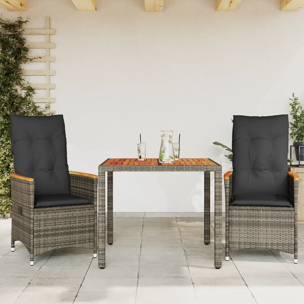 Set da BistrÃ² 3 pz con Cuscini Grigio in Polyrattan
