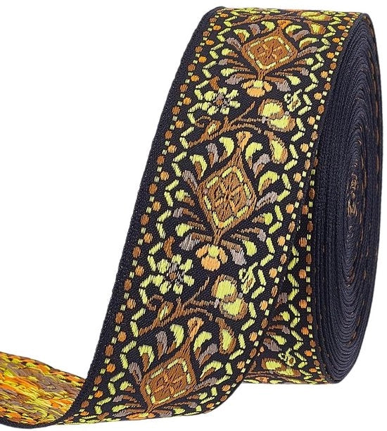 Banda Jacquard con disegno floreale a maglia in stile etnico, lunghezza 9,1 m - 4 cm di larghezza, adatto per abbigliamento e decorazioni, filo.