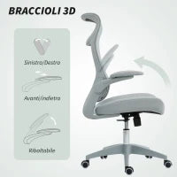 Sedia da Ufficio Ergonomica con Braccioli Regolabili, Schienale a Rete e Poggiatesta, Grigio