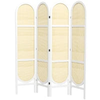 Paravento Interno in Legno da 4 Pannelli 170 x 160 cm Pieghevole e Portatile, Motivo Intrecciato a Mano, Bianco
