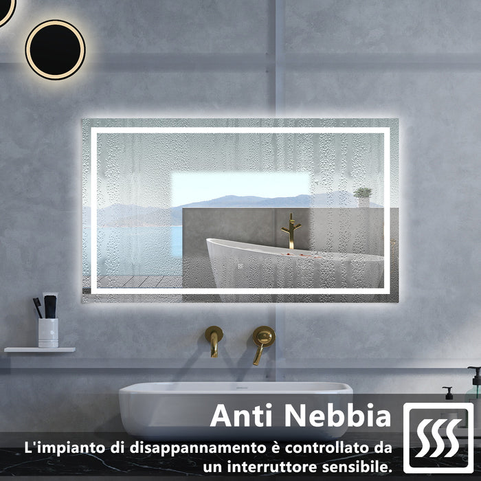 Specchio da bagno Rettangolare con 70x50cm,3 colori,Memoria, Antifog,Regorabile,Retroilluminato,doppio interruttore,