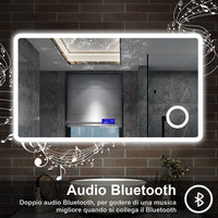 120 x 70 cm,AICA Specchio da Bagno LED con Luce, 3 Colori Regolabili,Blue tooth, Ingrandimento, orologio,memoria, antiappannamento,CRI>90,autospegnimento