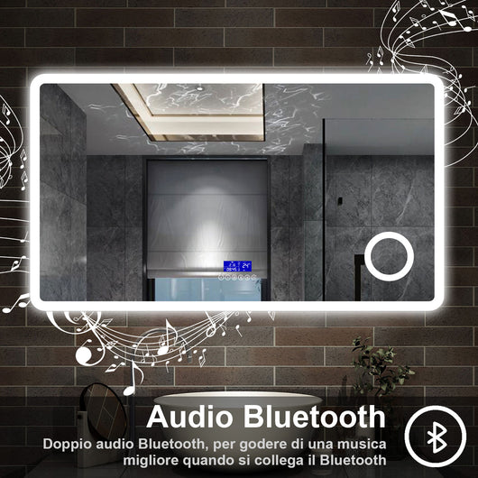 120 x 70 cm,AICA Specchio da Bagno LED con Luce, 3 Colori Regolabili,Blue tooth, Ingrandimento, orologio,memoria, antiappannamento,CRI>90,autospegnimento