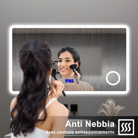AICA Specchio da bagno  120 x 70 cm, dimmerabile, Blue tooth, Funzione Memoria, antiappannamento, 3 colori, Magnificatore,  orologio