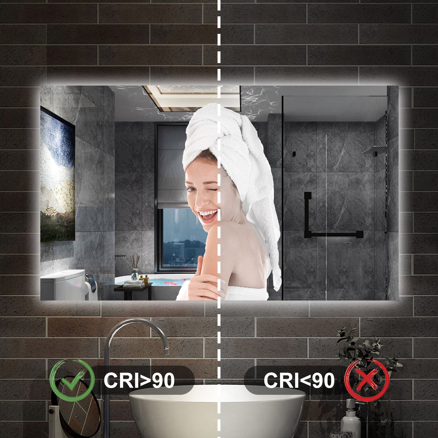 Specchio bagno Rettangolare 100x60 cm con led. Dimmerabile + Touch Control + Bordo non sabbiato + IP44