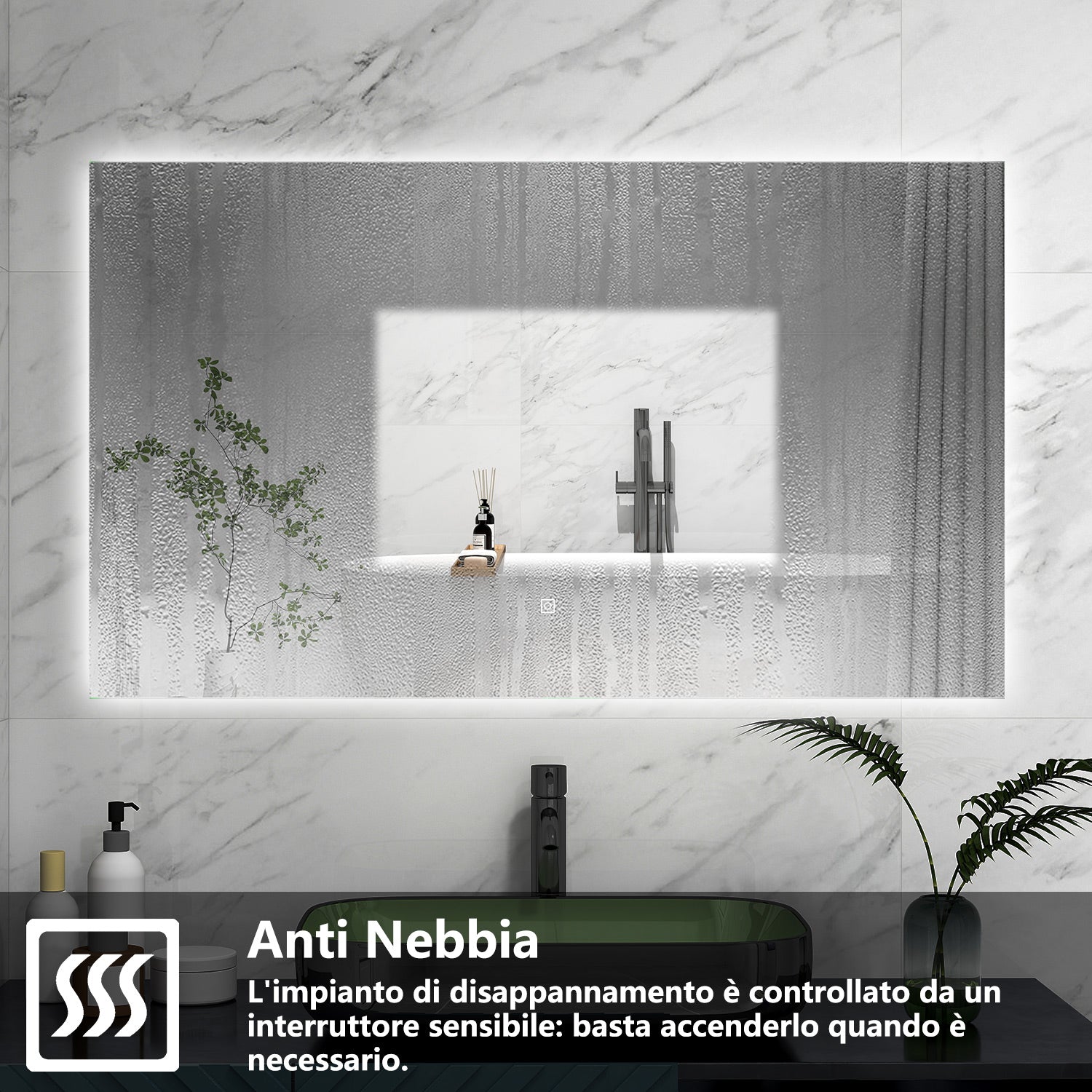 AICA Specchio da bagno 100 x 60 cm, antiappannamento, Regorabile, interruttore touch, Funzione Memoria
