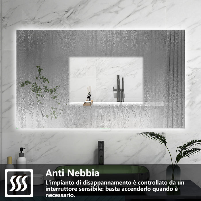 AICA Specchio da bagno 100 x 60 cm, antiappannamento, Regorabile, interruttore touch, Funzione Memoria