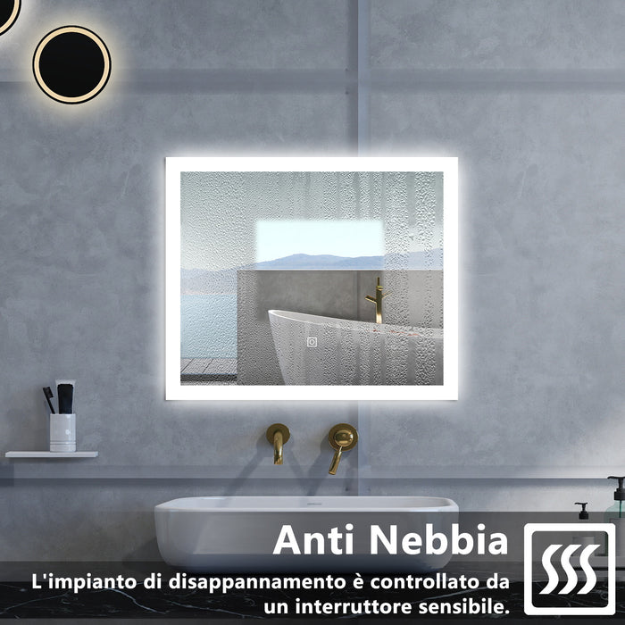 Specchio da bagno Rettangolare con 60x50cm,3 colori,Memoria, Antifog,Regorabile,Retroilluminato,doppio interruttore,