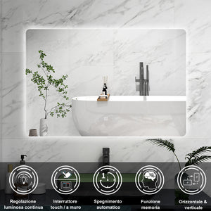 AICA Specchio da bagno 100 x 60 cm, Regorabile, interruttore touch, Funzione Memoria