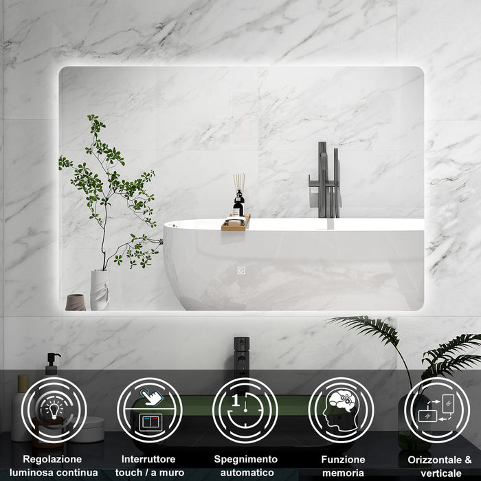 AICA Specchio da bagno 100 x 60 cm, Regorabile, interruttore touch, Funzione Memoria