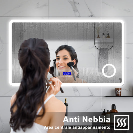 AICA Specchio da bagno  120 x 70 cm, dimmerabile, Blue tooth, Funzione Memoria, antiappannamento, 3 colori, Magnificatore,  orologio