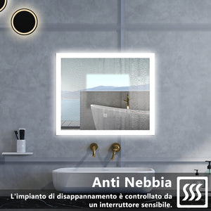 Specchio da bagno Rettangolare con 80x60cm,3 colori,Memoria, Antifog,Regorabile,Retroilluminato,doppio interruttore,