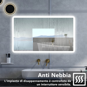 Specchio da bagno Rettangolare con 120x70cm,Blue tooth,3 colori,Memoria, Antifog,Regorabile,Retroilluminato,doppio interruttore,