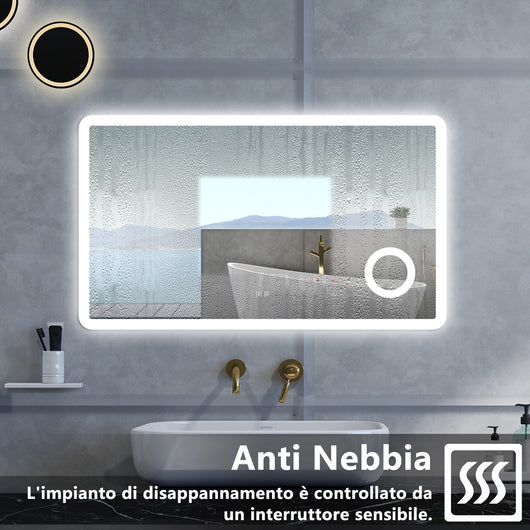 Specchio da bagno Rettangolare con 100x60cm,ingranditore 3x,Blue tooth,3 colori,Memoria, Antifog,Regorabile,Retroilluminato,doppio interruttore,