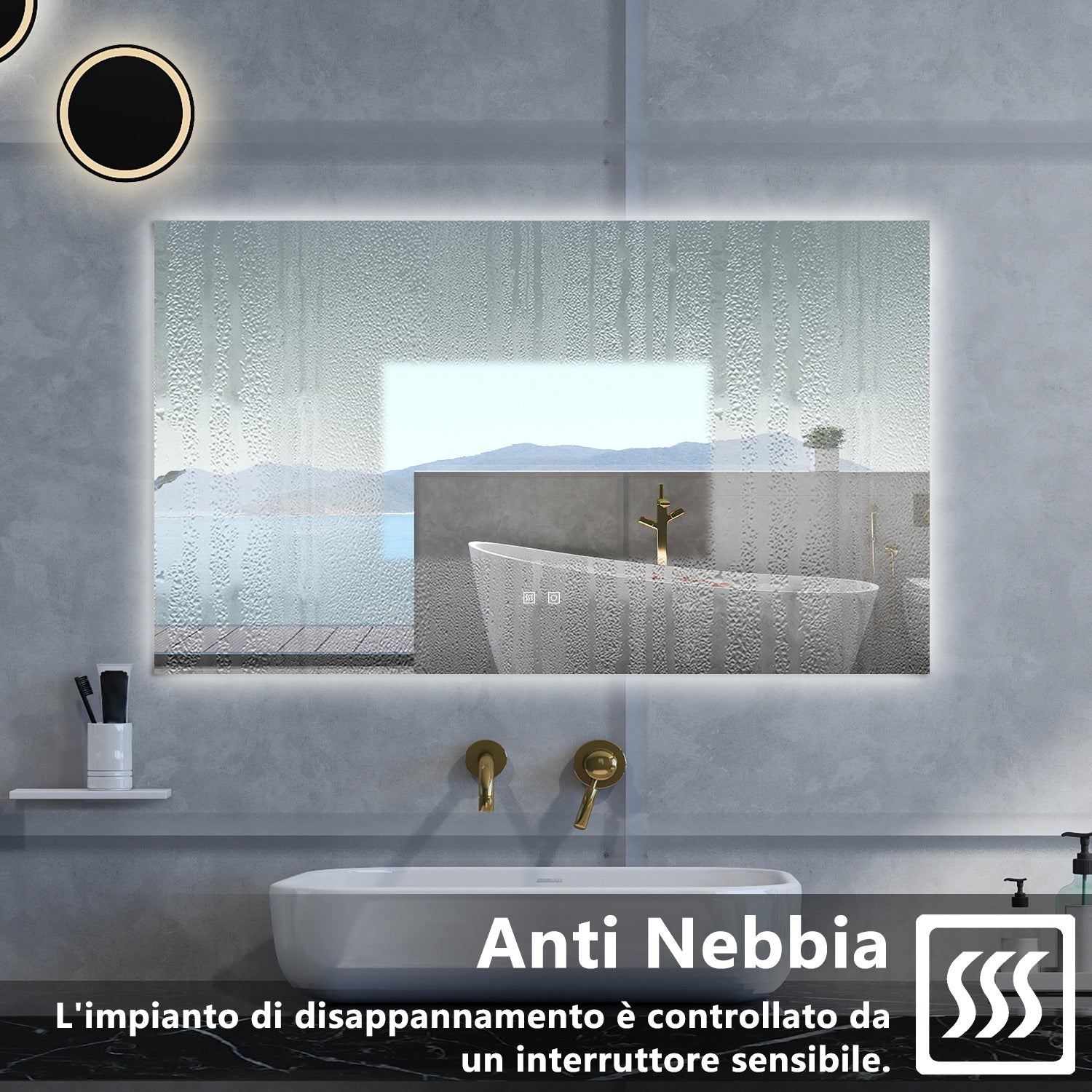 Specchio da bagno Rettangolare con 100x60cm,3 colori,Memoria, Antifog,Regorabile,Retroilluminato,doppio interruttore,