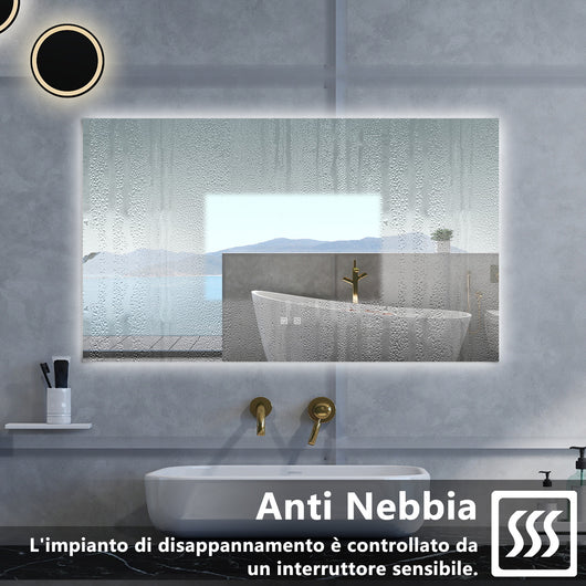 Specchio da bagno Rettangolare con 100x60cm,3 colori,Memoria, Antifog,Regorabile,Retroilluminato,doppio interruttore,
