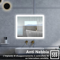 Specchio da bagno Rettangolare con 90x70cm,3 colori,Memoria, Antifog,Regorabile,Retroilluminato,doppio interruttore,