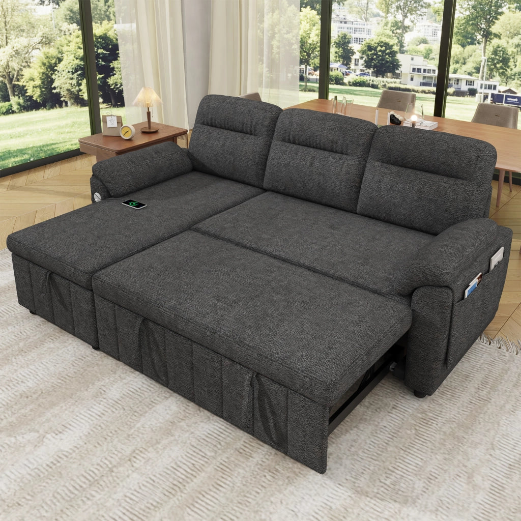 DIVANO ANGOLARE L 208x131x88 cm in ciniglia grigio con funzione letto