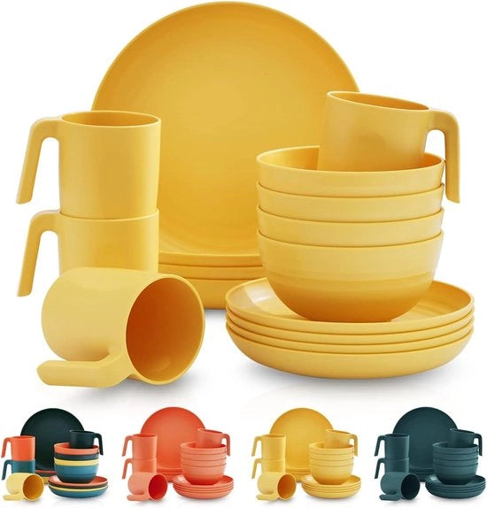 Set di servizio in plastica per 4 persone composto da 16 piatti, tazze e bicchieri leggeri e resistenti, facili da trasportare e da pulire, BPA-free