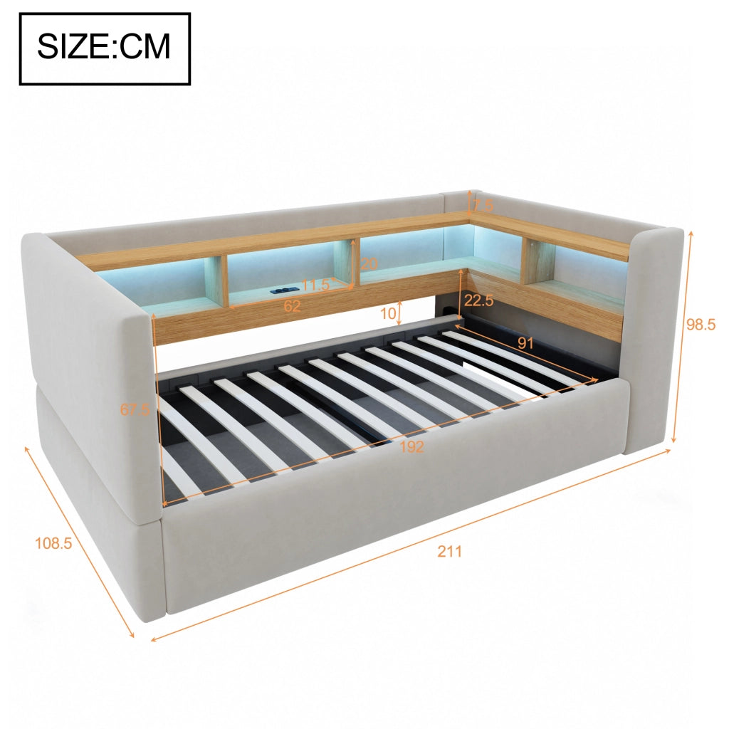 Divano letto imbottito con vano contenitore idraulico, luci LED e prese integrate, 90 x 190 cm, grigio chiaro