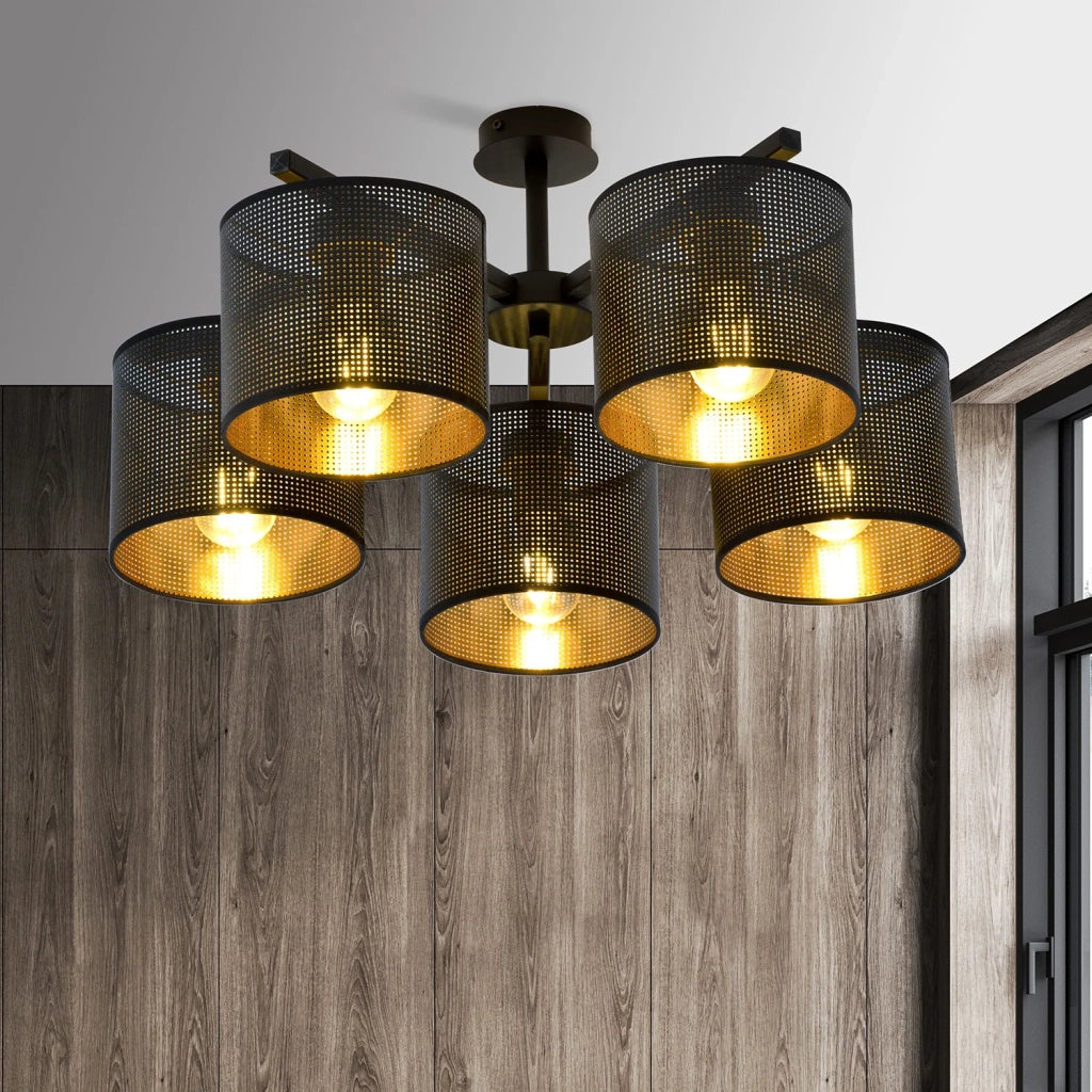 Plafoniera Industrial 5 Luci Cigno In Acciaio Nero E Paralumi A Cilindro Oro