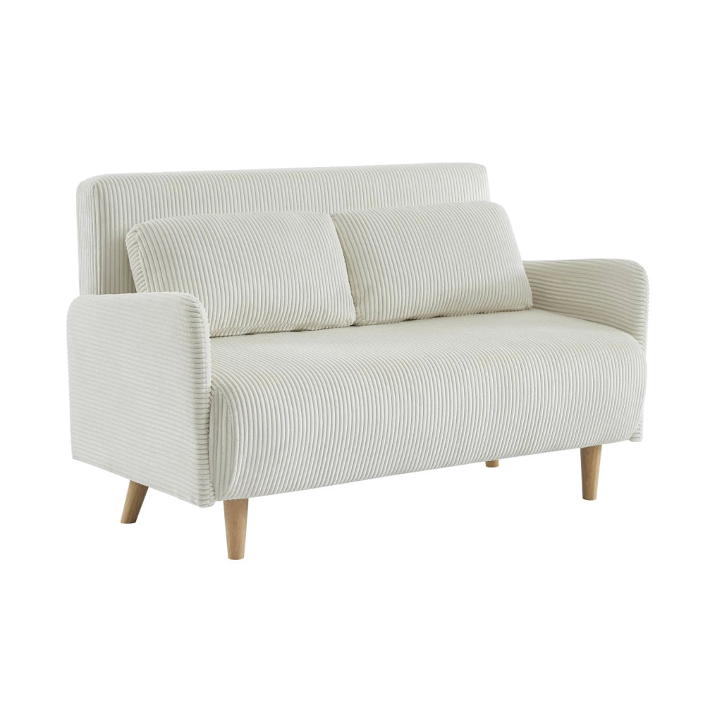 Divano letto in velluto a coste con gambe in legno, 2 posti, bianco