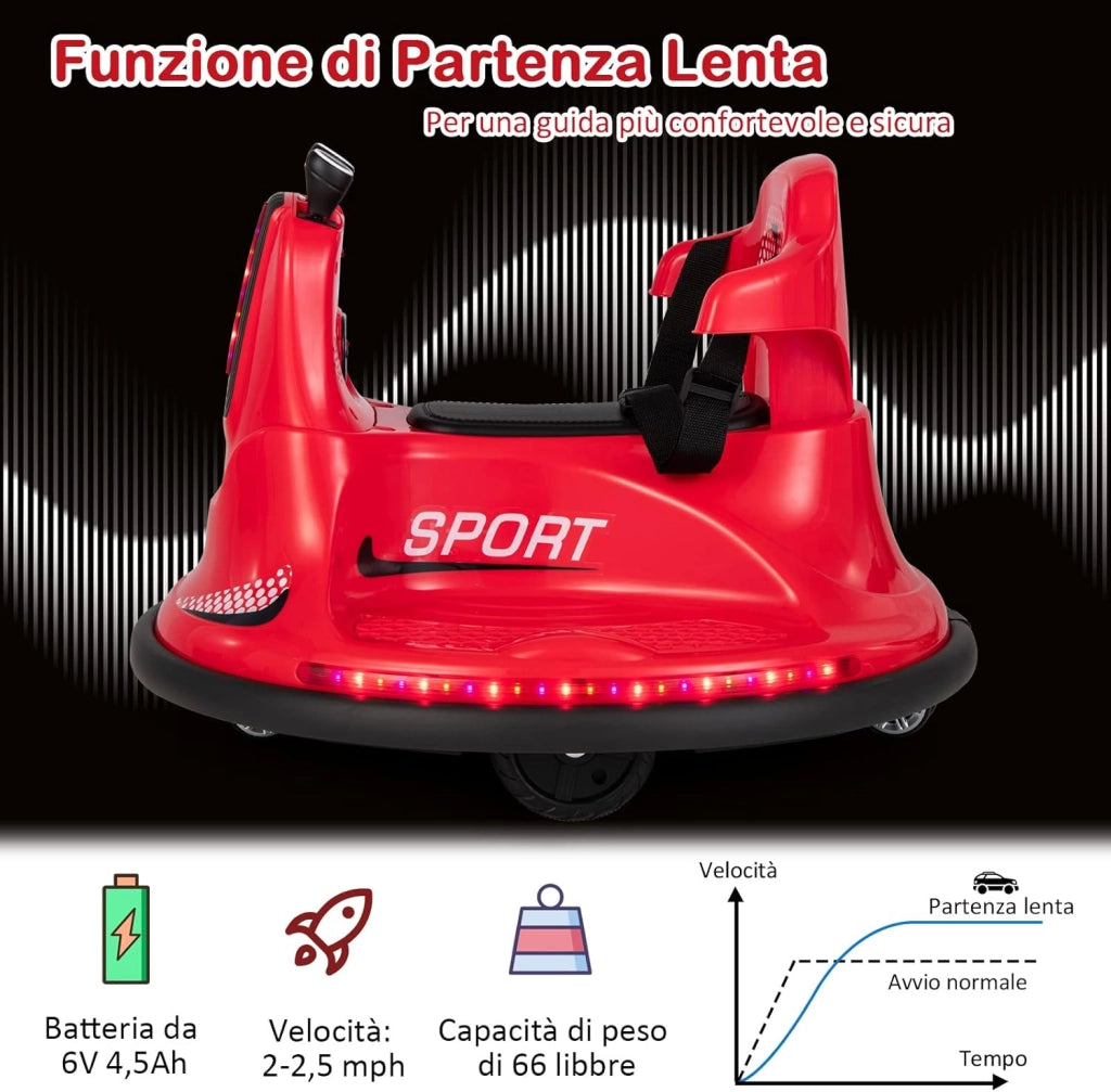 6V Autoscontro Elettrico per Bambini, Veicolo Elettrico con Telecomando, Girevole a 360°, Luci LED Colorate e Cintura di Sicurezza Regolabile, 37-95 Mesi (Rosso)
