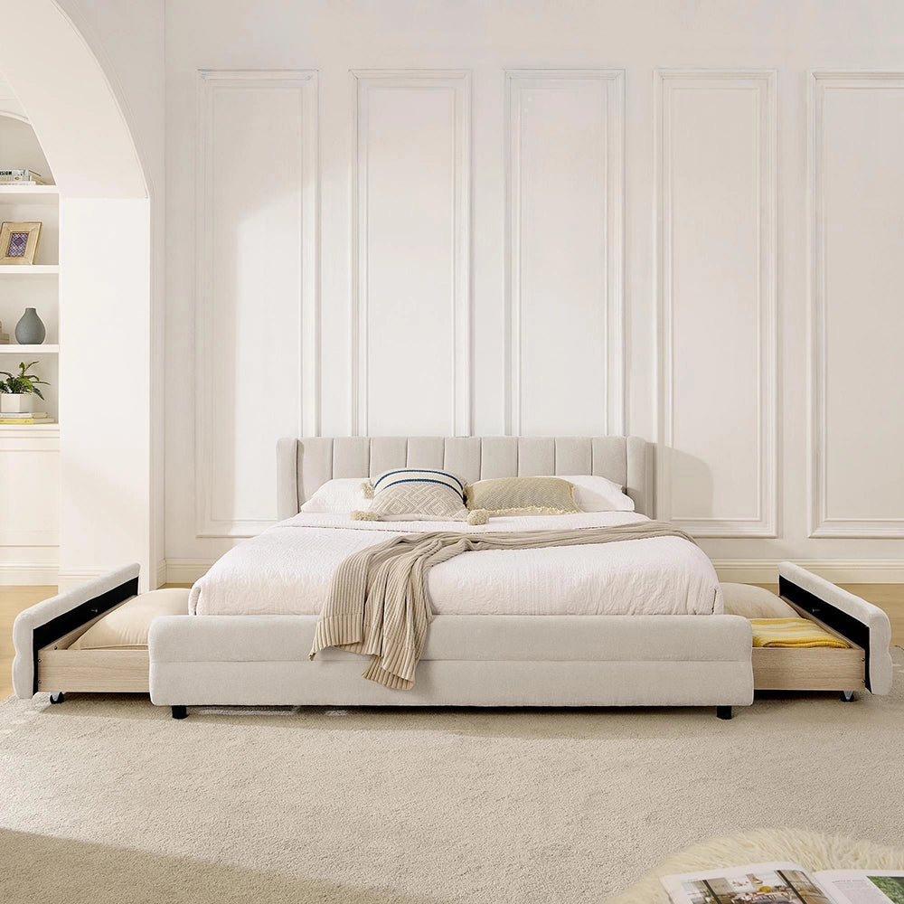 Letto matrimoniale con vani laterali - Xylo - 160x200 cm - Beige - USB, tessuto morbido