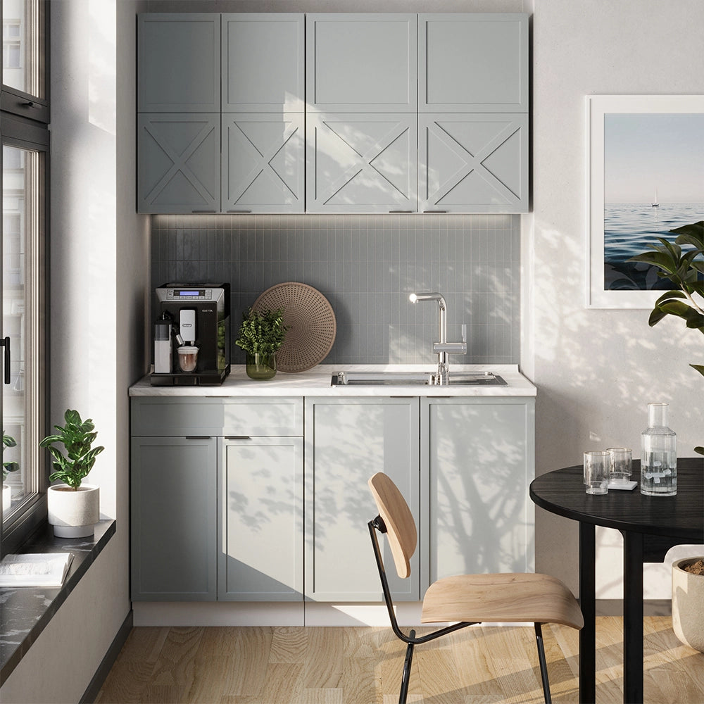 Cucina completa Fame-Line Blu-grigio chiaro/Bianco 140 cm, PL Antracite Vicco