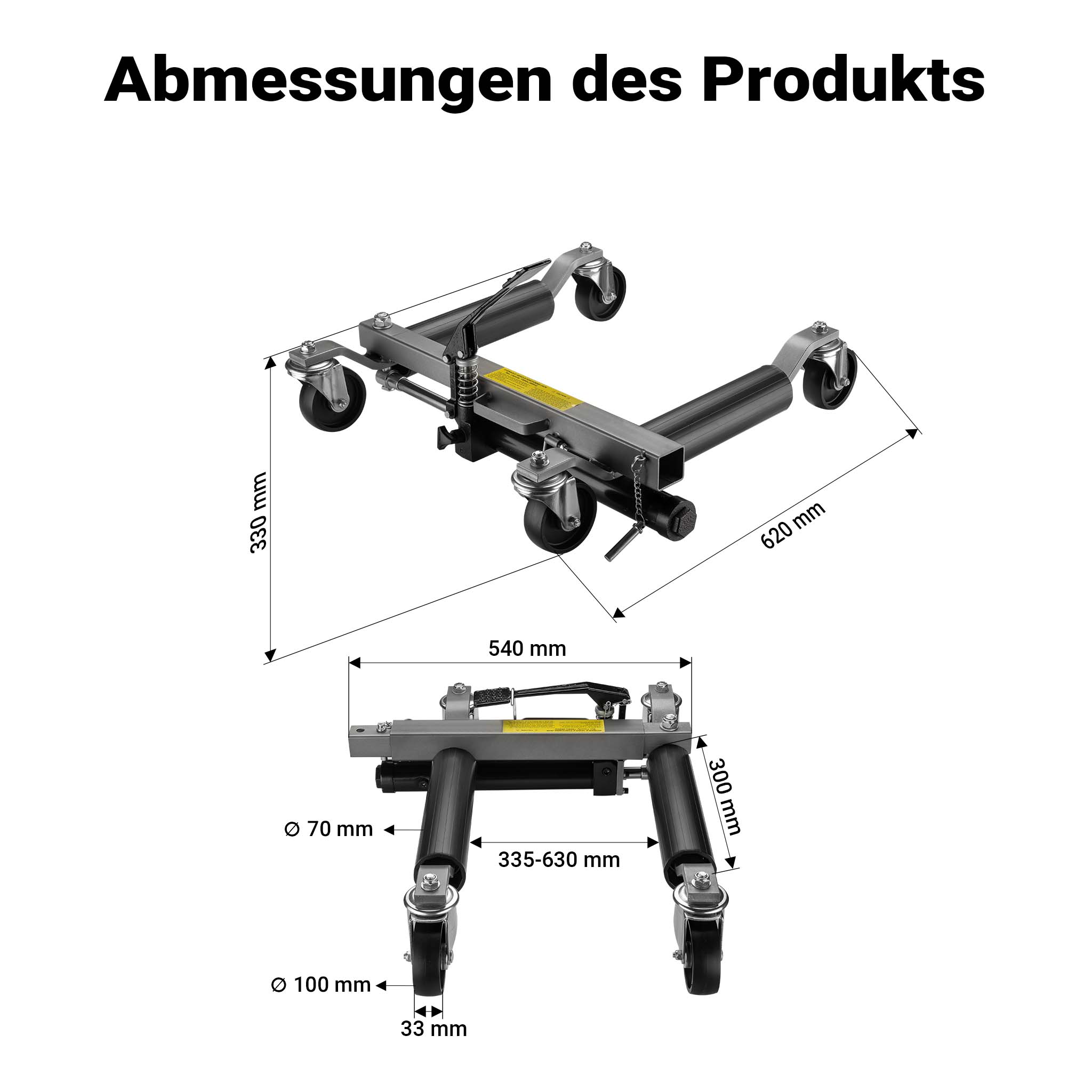 Carrelli sposta auto con cric idraulico 2x Portata 680kg l’uno Per pneumatici larghi max 30cm