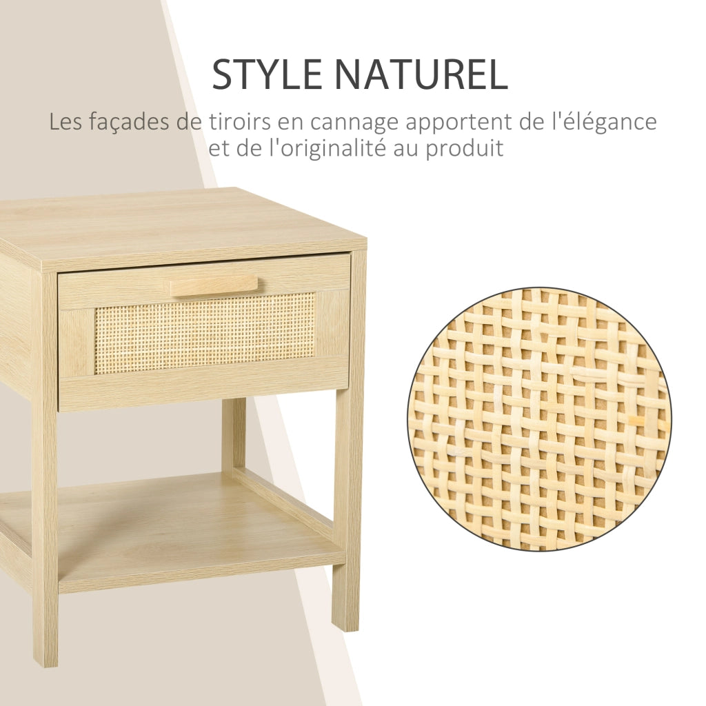 Comodino con cassetto e scaffale ¨C zephmum ¨C canna di rattan, legno chiaro, 40x40x48 cm