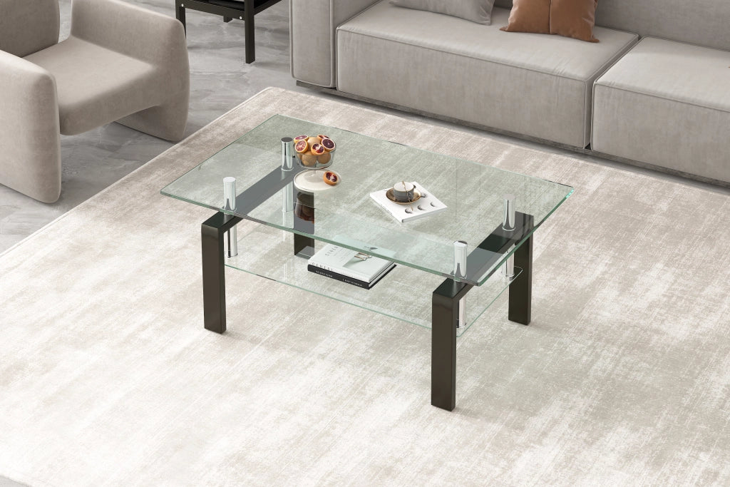 Tavolino da caffè con 2 ripiani - per soggiorno - in vetro e metallo - 100×60×44 cm